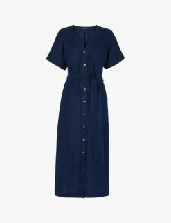 Whistles Button-fastened Belted Linen Midi Dress