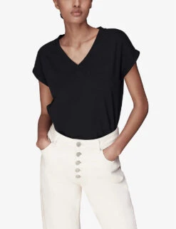 Whistles Willa V-neck Organic-cotton T-shirt -The Fashion Shop R04187560 BLACK ALT02