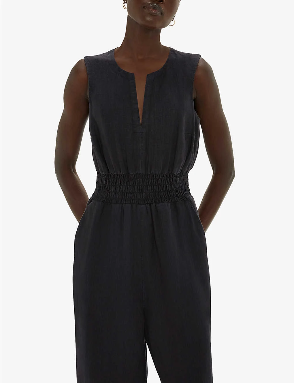 Whistles Danny Shirred-waist Sleeveless Linen Jumpsuit 3 Whistles Danny Shirred-waist Sleeveless Linen Jumpsuit - Image 3