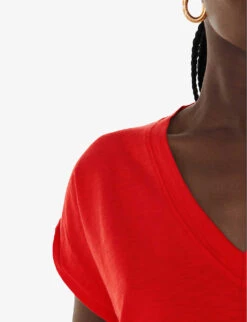 Whistles Willa V-neck Cap-sleeve Organic-cotton T-shirt 7 Whistles Willa V-neck Cap-sleeve Organic-cotton T-shirt -The Fashion Shop R04192526 RED ALT04
