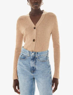 Whistles Button-down Long-sleeve Cotton-blend Ribbed Cardigan 7 Whistles Button-down Long-sleeve Cotton-blend Ribbed Cardigan -The Fashion Shop R04194651 TAN ALT02