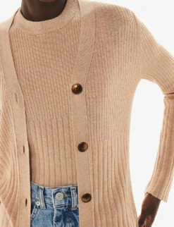 Whistles Button-down Long-sleeve Cotton-blend Ribbed Cardigan 9 Whistles Button-down Long-sleeve Cotton-blend Ribbed Cardigan -The Fashion Shop R04194651 TAN ALT04