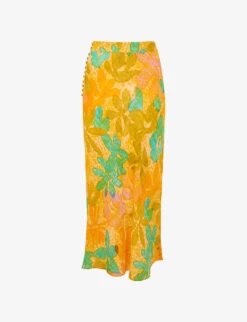 Whistles Palm Floral-print Button-embellished Woven Midi Skirt