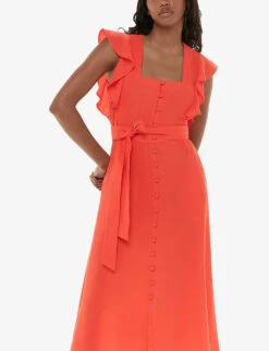 Whistles Sophie Frill-sleeve Button-down Woven Midi Dress -The Fashion Shop R04196284 RED ALT02