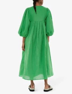 Whistles Gloria Balloon-sleeve Relaxed-fit Linen-cotton Blend Midi Dress 8 Whistles Gloria Balloon-sleeve Relaxed-fit Linen-cotton Blend Midi Dress -The Fashion Shop R04200363 GREEN ALT03