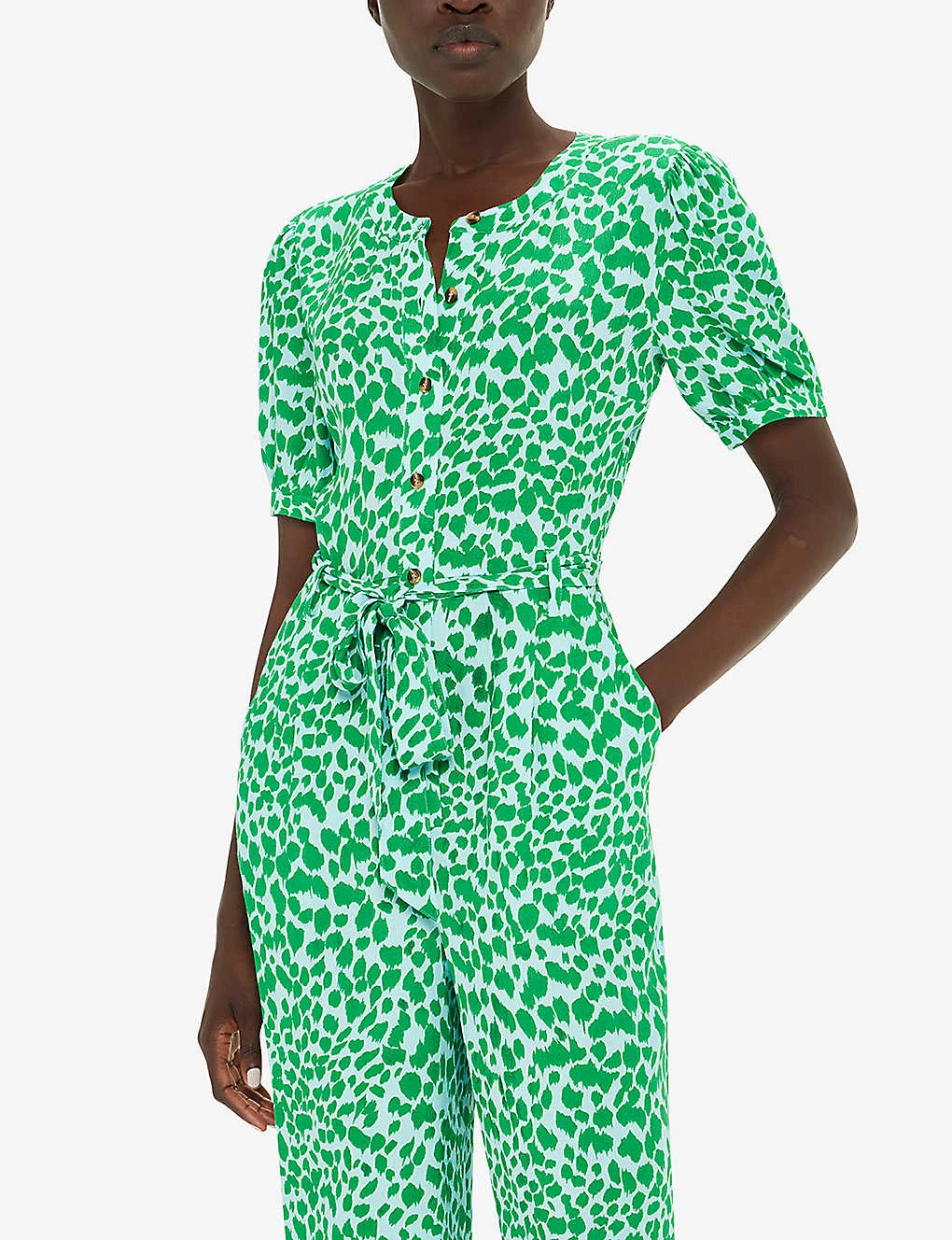 Whistles Smooth Leopard-print Puff-sleeve Woven Jumpsuit 4 Whistles Smooth Leopard-print Puff-sleeve Woven Jumpsuit - Image 4