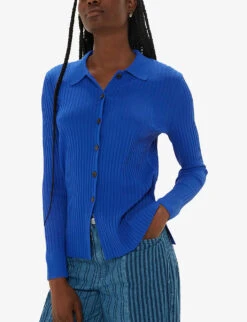 Whistles Collared Long-sleeve Ribbed Stretch-knit Shirt 7 Whistles Collared Long-sleeve Ribbed Stretch-knit Shirt -The Fashion Shop R04208551 BLUE ALT02