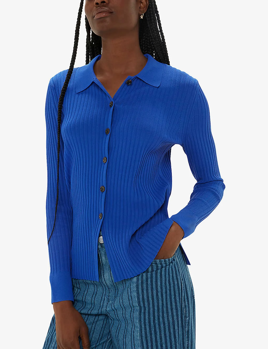 Whistles Collared Long-sleeve Ribbed Stretch-knit Shirt 3 Whistles Collared Long-sleeve Ribbed Stretch-knit Shirt - Image 3